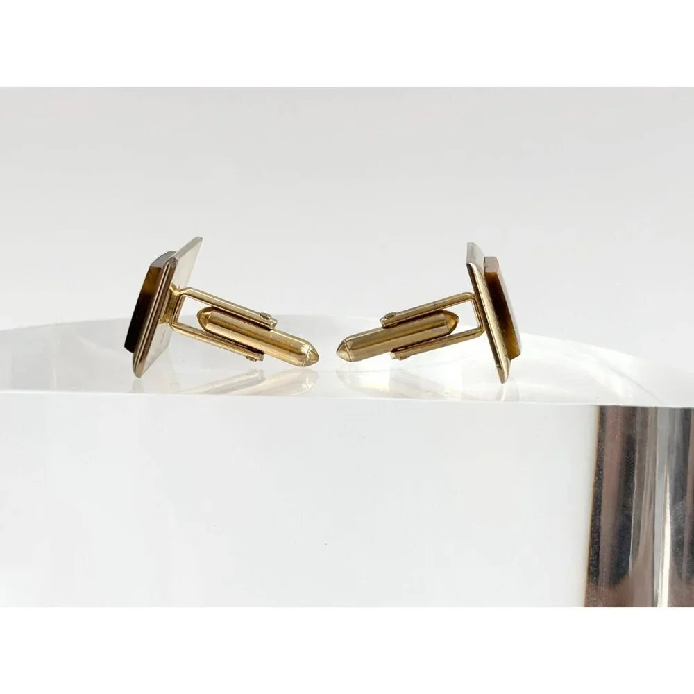 Faux Tiger's Eye Gold Toned Rectangular Vintage 80's Style Cuff Links